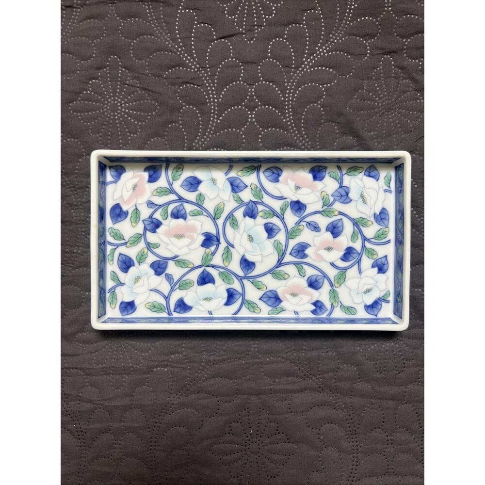 VTG Japanese Porcelain Rectangular Tray Lotus Floral Pink Blue Design Trinket